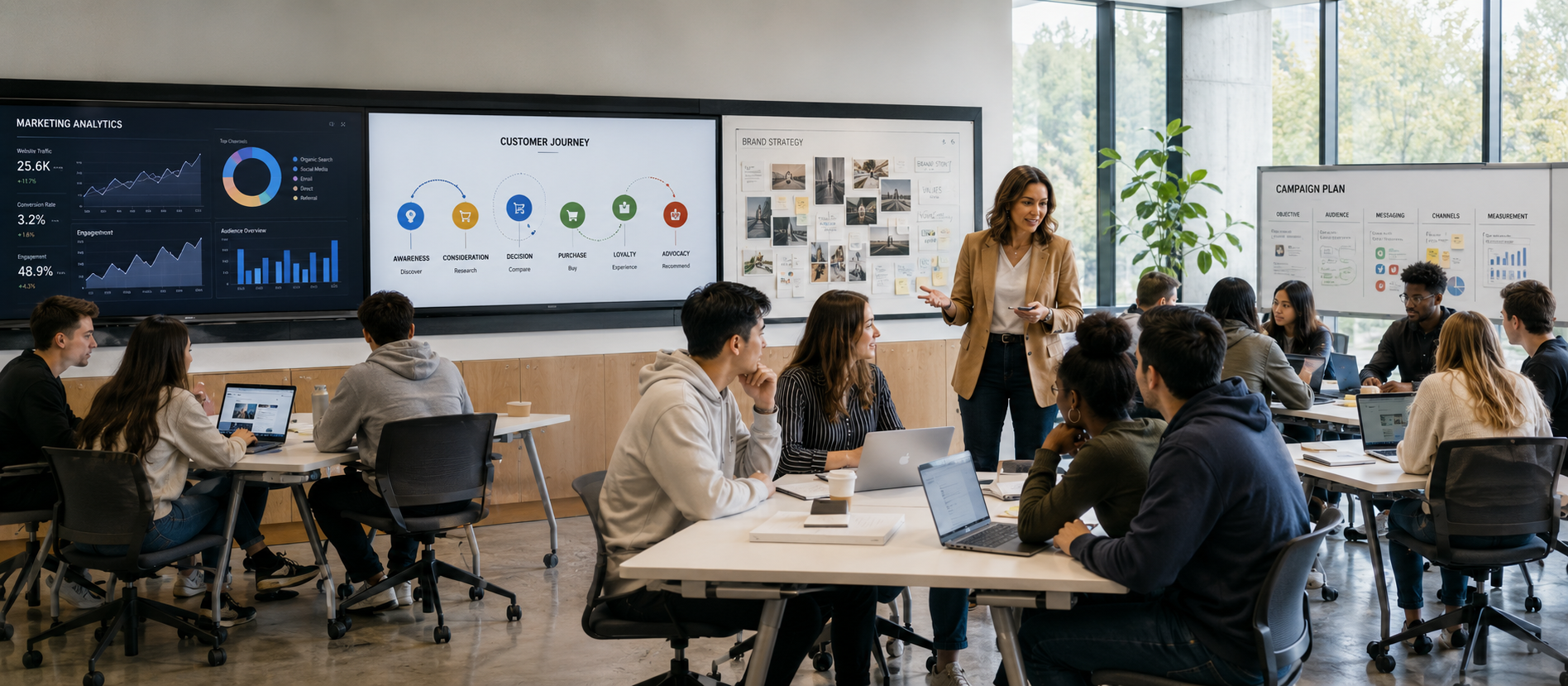 Marketing students working through an AI-supported class session