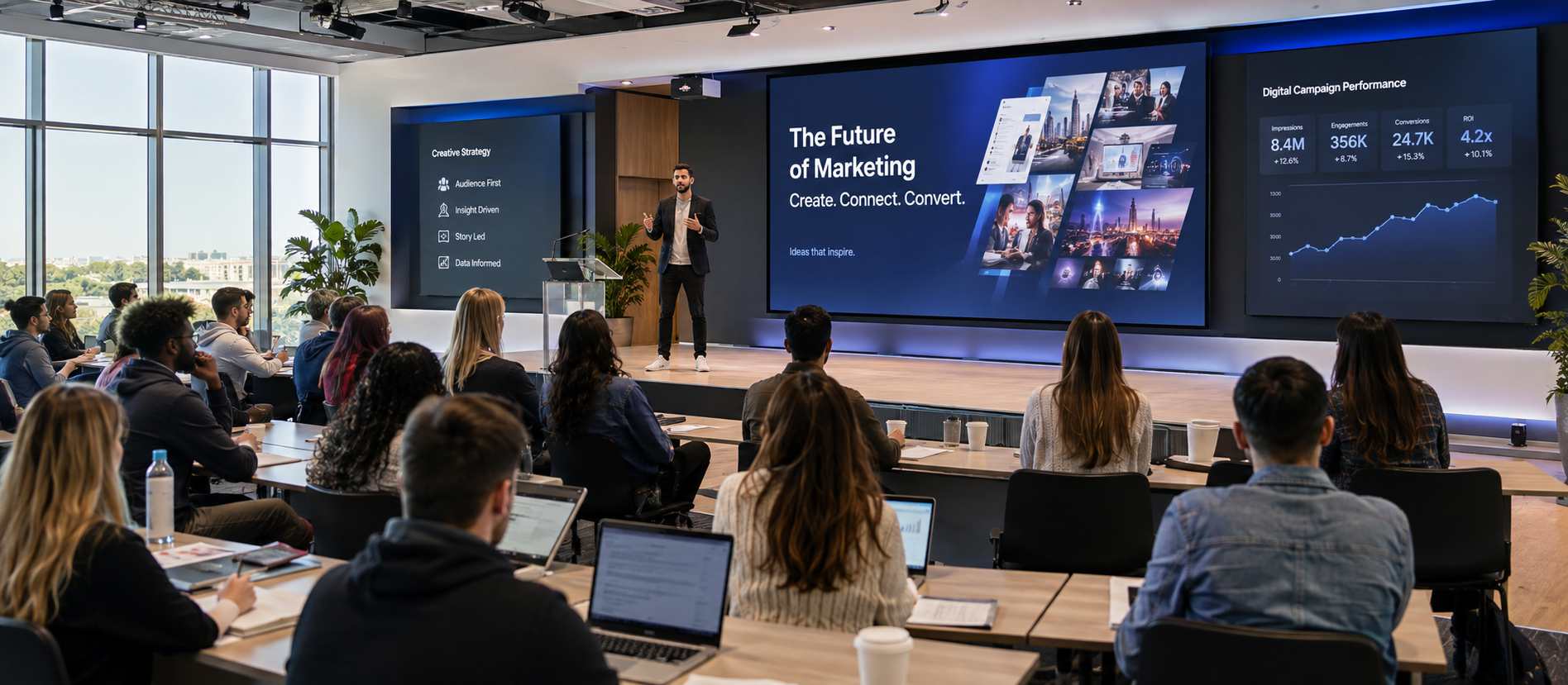 Michael presenting an AI and marketing session to a full auditorium